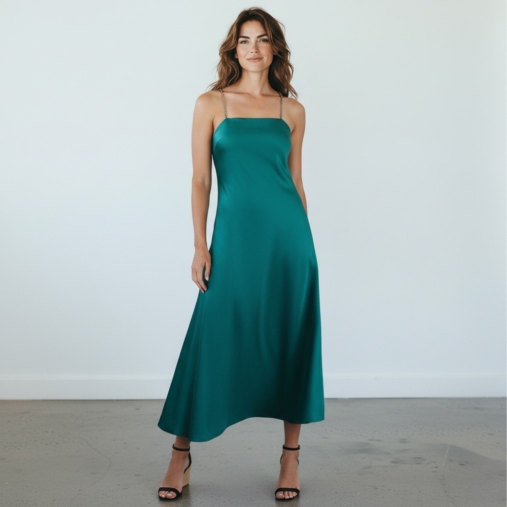 Banana Republic Teal 100% Cotton Teal Green Spaghetti Strap Midi‎ Dress